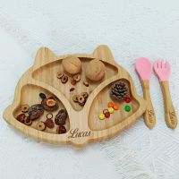 Personalized Name Wooden Dinner Plate Silicone Suction Cup Non-slip Waterproof Fork Spoon Baby Dishes Baby Feeding Plate Bowl Fork Spoon Sets