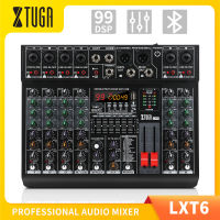 XTUGA เครื่องผสมเสียงระดับมืออาชีพอเนกประสงค์6ช่องดีเจมิกเซอร์ LXT6รองรับการเล่นบลูทูธ/USB/MP3เอฟเฟกต์ดิจิตอล99 DSP ในตัวพร้อมพลัง48V Phantom 7-สายคาดแบบทำให้เท่ากันรีเวิร์บเอฟเฟกต์มิกซ์คอนโซล