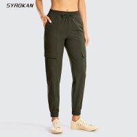 HOT★SYROKAN สตรีน้ำหนักเบาออกกำลังกาย Joggers ลำลอง Lounge Cargo Drawstring ยืดหยุ่นเอวกางเกงวิ่งกระเป๋า-28นิ้ว