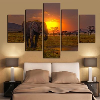 ผ้าใบ5แผงศิลปะช้างแอฟริกาภายใต้พระอาทิตย์ตกภาพวาดทิวทัศน์ทันสมัยภาพผนังแบบโมดูลาร์0717 5F