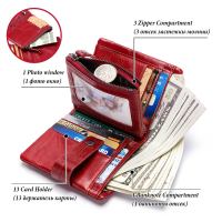 Cowhide Leather Women Wallet Short Red Purse RFID Blocking Credit Bank Card Holder with Zipper Coin Pocket Free Engraving