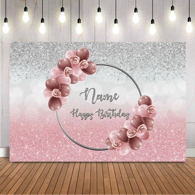 Customize Name Birthday Backdrop Sliver Glitter and Pink Background for Photo Studio Burgundy Red Balloons Photocall Vinyl Cloth Replacement Parts