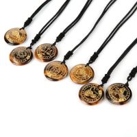 Natural Tiger Eye Round Pendant Healing Crystal Reiki Stone Charms Gems Engraved Zodiac Necklace 12 Constellation Lucky Amulet