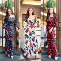 SS12164 Jumpsuit จั๊มสูท คอกว้าง ขายาว พิมพ์ลายดอกไม้