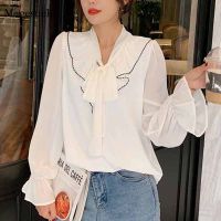 Solid White Bow 2020 Sweet Chiffon Blouses Loose Tops Korean Flare Long Sleeve Shirts Women Autumn Female Ropa De Mujer 10604