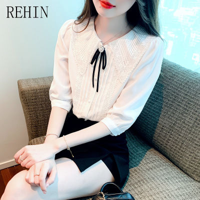 REHIN เสื้อสตรีแขนพองมีปกใหม่แฟชั่นสไตล์เกาหลี,เสื้อผู้หญิงเสื้อชีฟองโบว์แขนสั้นฤดูร้อน