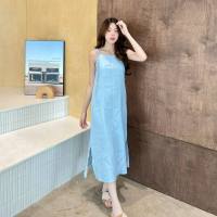 SUUBE Official Penne dress-Baby Blue เดรสยาวสายเดี่ยว ผ้าลินินแท้ ทรงเอ แต่งผ่าด้านข้าง สายผูกปรับได้ มีซับในและกระเป๋าข้าง