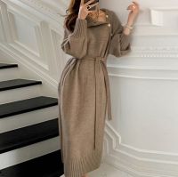 Autumn Winter Womens Knitted Dress Long Sleeve Cotton Sweater Dress Casual Elegant Lady Buttons Female Sashes Korean Midi Dress