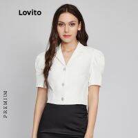 ◇✈❡ wxn5897 Lovito เสื้อเบลาส์แขนพัฟ มีกระดุม สีพื้น สไตล์ลำลอง L22AD037 (สีขาว)