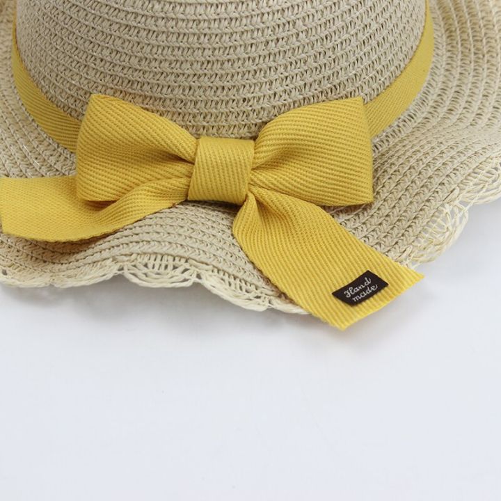 girls-summer-cap-with-shoulder-bag-pink-yellow-bowknot-outdoor-sun-protection-beach-straw-hat-kids-children-panama-hats