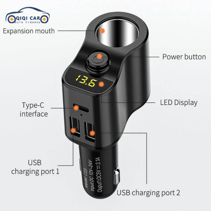 qiqi-ตัวต่อขยายที่ชาร์จแบตในรถแยกเต้ารับตัวแปลงที่จุดบุหรี่2-usb-พอร์ต1pd-มิเตอร์วัดกระแสไฟเต้ารับรถยนต์12v-24v