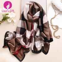 Women silk shawl elegant wide shawl check printed silk scarf flowy muslim headwrap fashion neck scarf pashmina