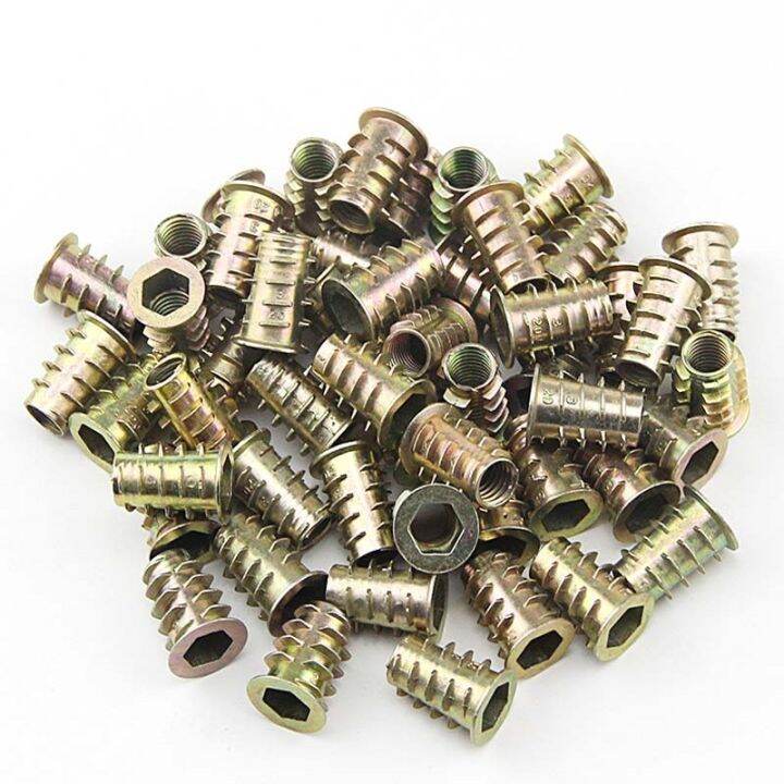 10pc-metal-hexagon-hex-socket-head-embedded-insert-nut-m4-m5-m6-m8-e-nut-for-wood-furniture-inside-and-outside-thread-zinc-alloy