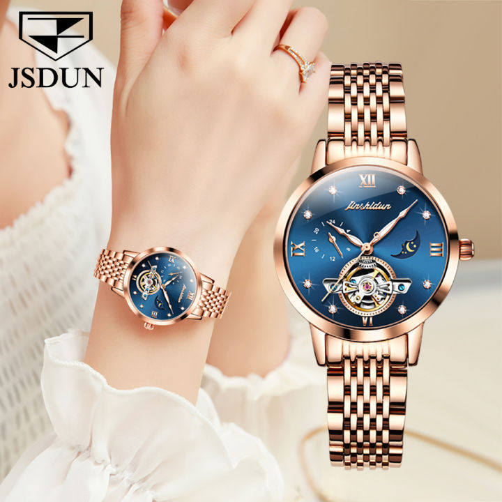 jsdun-ผู้หญิงนาฬิกาหรูอัตโนมัติเดิม-2023-ขายกันน้ำจำนำ-tourbillon-หน้าปัดดวงอาทิตย์ดวงจันทร์ดาวกุหลาบทองนาฬิกา