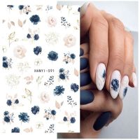 3D Back Glue Nail Stickers Watercolor Blue White Nail Manicur Spring Floral Adhesive Transfer Decals Slider Nail Art Decoration Wall Stickers Decals