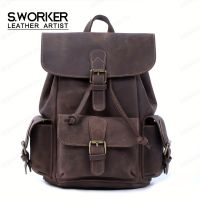 geegostudio Vintage Genuine Leather Backpack Classic Schoolbag Crazy Horse Leather Bag