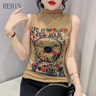 REHIN เสื้อพิมพ์ลายแฟชั่นสำหรับผู้หญิงเสื้อยืดแขนกุดครึ่งคอสูงเข้ารูปพอดีเสื้อกล้ามบาง