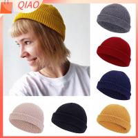 QIAO สีทึบ ฤดูหนาวที่อบอุ่น หมวกเมลอนแต่งริบ ข้อมือไม่มีขอบ Skullcap หมวกกะลาสี หมวกบีนนี่ หมวกถักนิตติ้ง unisex