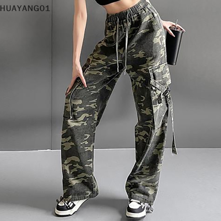 huayang01-2023กางเกงคาร์โก้ลายพรางลำลองผู้หญิง-กางเกงเอวกลางขากว้าง-y2k-กระเป๋าชุดสตรีทฮิปฮอปกางเกงขอบยางยืด