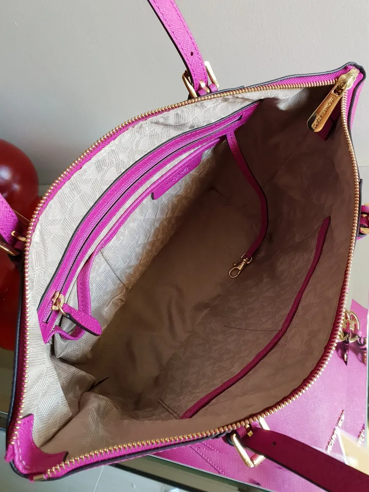 Authentic Michael Kors Jet Set Medium Crossgrain Pocketed Top Zip Classic  Leather Tote Bag - Fuschia Pink