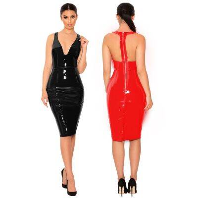 【CC】 Backless Leather Back Zip Bodycon Wet Vestidos