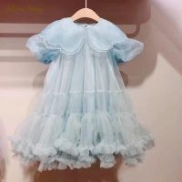 Fashion Baby Girl Princess Puff Sleeve Tutu Dress Lace Collar Child Vintage Tulle Vestido Party Pageant Birthday Clothes 1-12Y