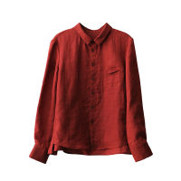 Spring and Autumn New 100 Linen Brick Red Single breasted Urban Casual Small Collar Lined Color Art Shirt