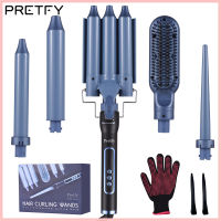 Pretfy Prettfy ชุดเครื่องม้วนผม5-IN-1ไม้กายสิทธิ์เครื่องม้วนผมยืดผมตรงจอแสดงผลอุณหภูมิ LCD ปรับอุณหภูมิได้ที่ดัดผมเครื่องมือจัดแต่งทรงผมพร้อมถุงมือกิ๊ฟติดผม