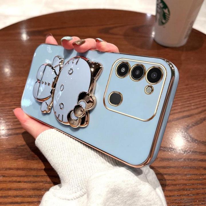 folding-makeup-mirror-phone-case-for-infinix-tecno-spark-go-2022-spark-8c-kg5-kg5j-kg5k-case-fashion-cartoon-cute-cat-multifunctional-bracket-plating-tpu-soft-cover-casing