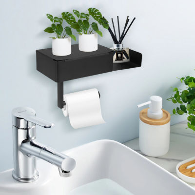 Stylish Toilet Paper Holder with Shelf and Wipe Box - Stainless Steel, No Drilling, Rust Resistant, Black
