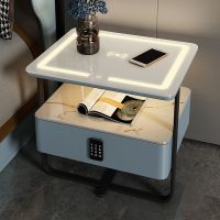 ☏☫ Smart bedside table small iron art extremely simple modern light luxury rock plate solid wood wireless charging bedroom cabinet