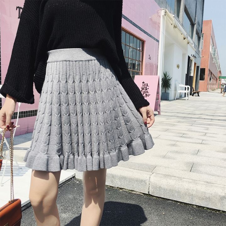 hot-dt-new-2020-knitted-skirt-elastic-waist-short-skirts-ruffle-umbrella-pleated-female