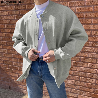 เสื้อนอกเสื้อโค้ตคาร์ดิแกนกระดุมเต็มเสื้อโค้ตเครื่องบินทิ้งระเบิดแขนยาวสำหรับผู้ชายจากร้าน INCERUN (สไตล์เกาหลี)