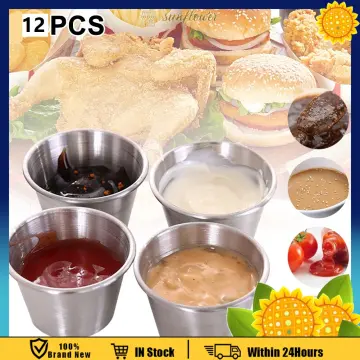 24 Pk Reusable Sauce Cups w/ Lids Stainless Steel Condiment Dressing Saucer Dish