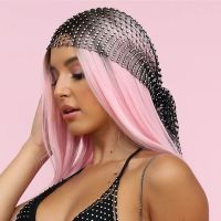 【YF】 Akyzo Fishnet Plaid Bling Rhinestone Women Head Scarf Hollow Out Patchwork Glitter Crystal Trendy Wild Headband Turban Hair Hat