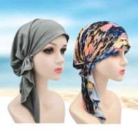 【Hot Sale】 European and style threaded turban hat breathable chemotherapy ladies long tail fashion striped printing Baotou