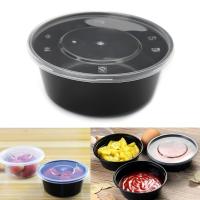❈ 10Pcs Plastic Bowl Disposable Lunch Soup Bowl Food Round Container Box With Lids Black Plastic Bowl