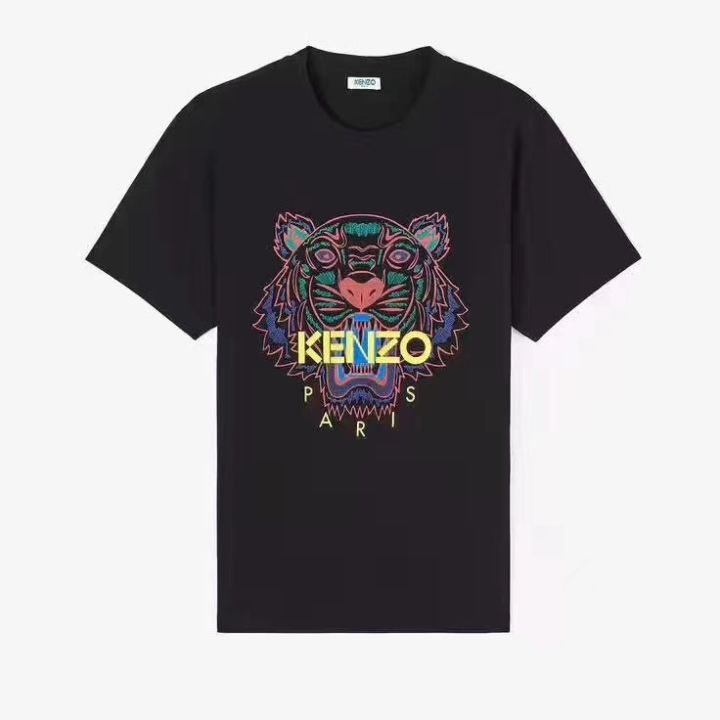 kenzoต้นตำรับเสื้อยืดลายตัวอักษรแขนสั้นภาพพิมพ์ลายเสือใหม่-เสื้อสวมหัวคอกลมแฟชั่นทรงหลวมใส่ได้กับทุกชุด-kemz0ซิงเกิ้ลของแท้