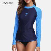 Charmo ชุดชุดว่ายน้ำผู้หญิงเล่น Rash Guard สำหรับผู้หญิง,ชุดสำหรับใส่เสื้อลายโต้คลื่นป้องกันผดผื่นแขนยาวเสื้อปั่นจักรยานเสื้อสำหรับใส่เล่นเซิร์ฟและเล่นชายหาด UPF50 + แฟชั่น