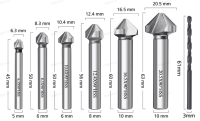 7ชิ้น HSS หัวเจาะ S หัวเหล็กความเร็วสูงขนาด6.3/8.3/10.4/12.4/16.5/20.5มม. 3ร่อง90องศาเครื่องมือหัวสว่านตัวคว้านรู90องศาเครื่องมือ Countersink Countersink Set Mata Bor