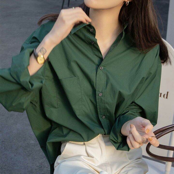 Korean Style Loose Plain Shirt Women Long Sleeve Basic Wear Casual Blouse  Top Green Blue White | Lazada Singapore