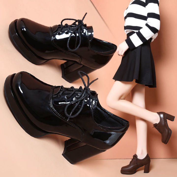 bluescola-รองเท้าหนังสีดำส้นสูงสำหรับผู้หญิง-sepatu-boot-pendek-รองเท้าบูทมาร์ตินผูกเชือกพื้นรองเท้าหนากันน้ำ