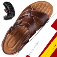 Mens leather sandals mens summer antiskid slippers new mens shoes head layer cowhide