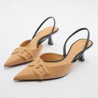 Summer Za/raˉnew womens shoes beige embossed slingback temperament high-heeled mules pointed toe sandals