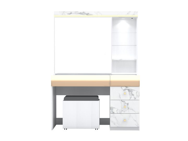 โต๊ะแป้ง-สตูล-ขนาด-120ซม-ปิดผิว-pu-melamine-บานพับsoft-close-ฟดาวน์ไลท์สีขาว-มีชั้นปรับกระจกใส-บานกระจกเงาเลื่อนใด้ภายในสำหรับเก็บของทอ็ปกระจกใส