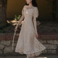 Woman Banquet Fairy Dress Lace Retro Bubble Sleeve Mesh Bandage Bow Dress