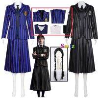 2 Color Anime Addams Blue Wednesday Cosplay Costume Girl School Black Uniforms Suit Dress Woman Halloween Party Clothes