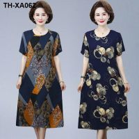 Summer mother cotton silk dress in the middle-aged and old womens short sleeve pocket long over-the-knee leisure fashion show thin skirt