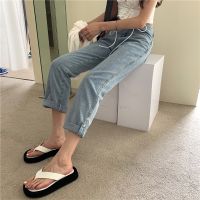 Summer all-match high waist loose straight slim curly denim ninth pants women