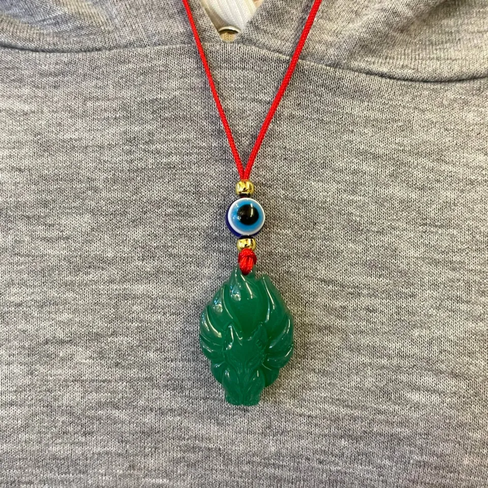 LUCKY CHARM 999 NINE TAILED FOX GREEN JADE W/ BLUE EVIL EYE IN RED